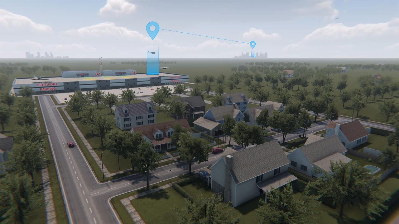 Advanced Air Mobility will connect both urban dwellers and rural residents by adding a new way to travel by air. As shown in this concept art, passengers could travel from rural areas into the city quicker than by car to board a commercial airliner, access medical care or to purchase goods.