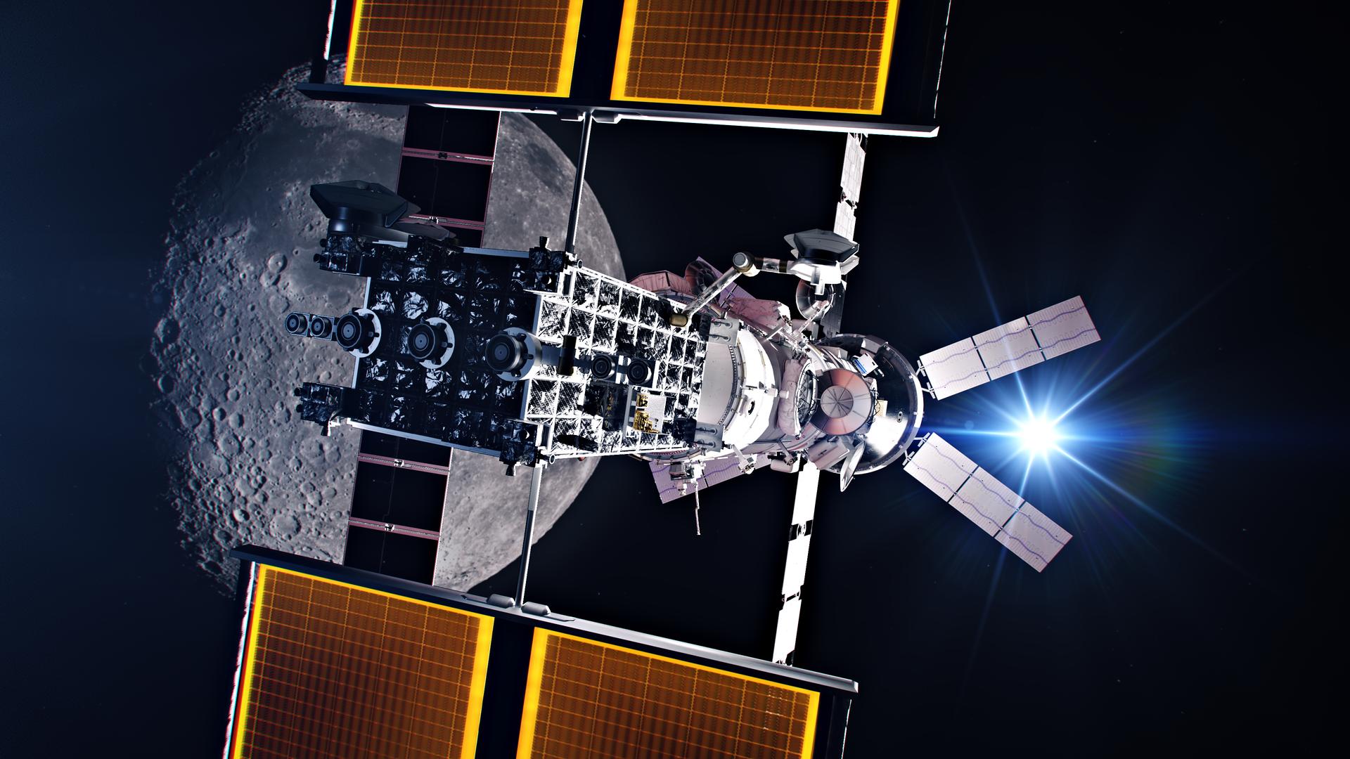 Gateway, NASA's lunar space station, with large solar panels orbits the Moon against the backdrop of space, with the sun peering from behind.