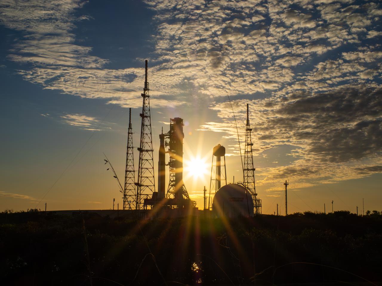 Full Artemis II stack at Launch Pad 39B during sunset
