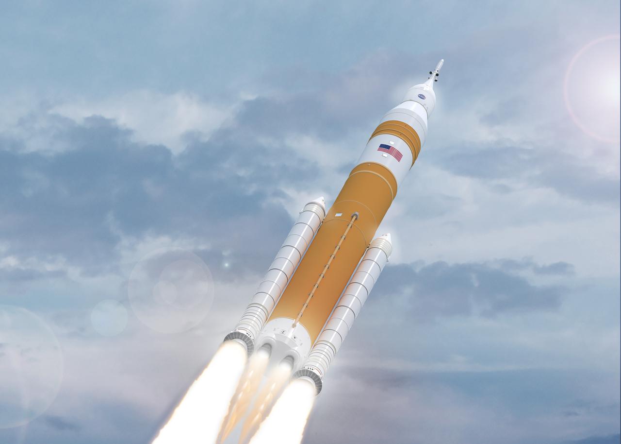Illustration of evolved SLS Block 1B Crew variant in flight.  This configuration of the rocket, with the Exploration Upper Stage, will provide in-space propulsion to send astronauts in NASA’s Orion spacecraft and heavy cargo on a precise trajectory to the Moon. The evolution of the rocket to SLS Block 1B configuration with EUS enables SLS to launch 40% more cargo to the Moon along with the crew. Manufacturing both the core stage and Exploration Upper Stage is a collaborative effort between NASA and Boeing, the lead contractor for EUS and the SLS core stage. SLS is the only rocket that can send Orion, astronauts, and supplies to the Moon in a single mission. The SLS rocket, NASA’s Orion spacecraft, Gateway, and human landing system are part of NASA’s backbone for deep space exploration. Under the Artemis program, NASA is working to land the first woman and the next man on the Moon to pave the way for sustainable exploration at the Moon and future missions to Mars. (NASA)