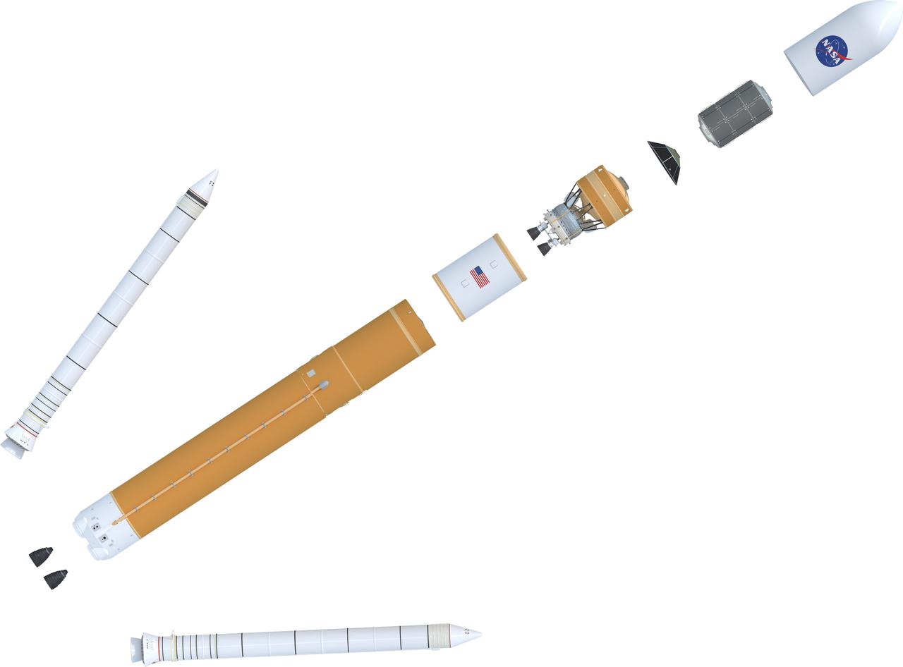Expanded view illustration of elements of the evolved SLS Block 1B Crew variant.   This configuration of the rocket, with the Exploration Upper Stage, will provide in-space propulsion to send astronauts in NASA’s Orion spacecraft and heavy cargo on a precise trajectory to the Moon. The evolution of the rocket to SLS Block 1B configuration with EUS enables SLS to launch 40% more cargo to the Moon along with the crew. Manufacturing both the core stage and Exploration Upper Stage is a collaborative effort between NASA and Boeing, the lead contractor for EUS and the SLS core stage. SLS is the only rocket that can send Orion, astronauts, and supplies to the Moon in a single mission. The SLS rocket, NASA’s Orion spacecraft, Gateway, and human landing system are part of NASA’s backbone for deep space exploration. Under the Artemis program, NASA is working to land the first woman and the next man on the Moon to pave the way for sustainable exploration at the Moon and future missions to Mars. (NASA)