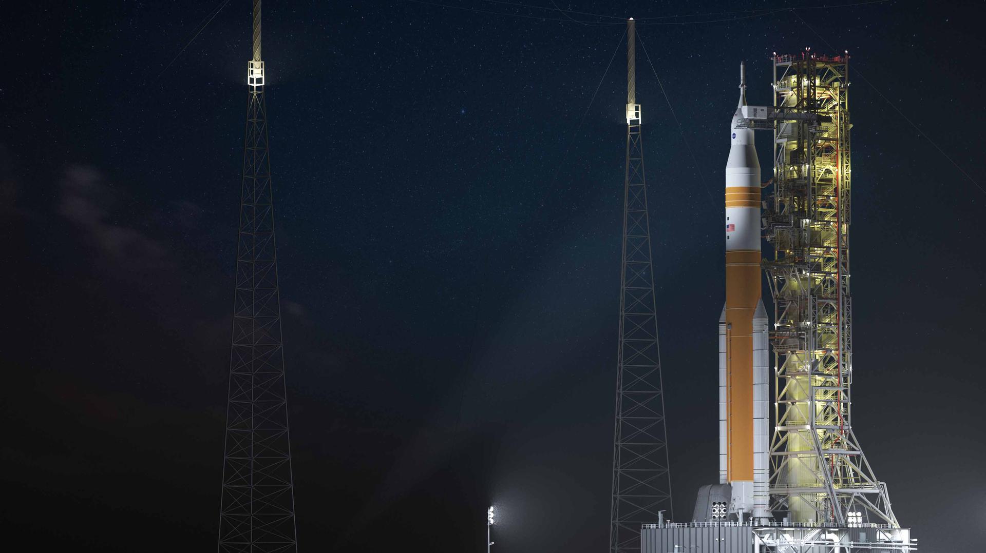 Seen here, is a nighttime rendering of the evolved SLS Block 1B Crew variant positioned on the mobile launcher.  This configuration of the rocket, with the Exploration Upper Stage, will provide in-space propulsion to send astronauts in NASA’s Orion spacecraft and heavy cargo on a precise trajectory to the Moon. The evolution of the rocket to SLS Block 1B configuration with EUS enables SLS to launch 40% more cargo to the Moon along with the crew. Manufacturing both the core stage and Exploration Upper Stage is a collaborative effort between NASA and Boeing, the lead contractor for EUS and the SLS core stage. SLS is the only rocket that can send Orion, astronauts, and supplies to the Moon in a single mission. The SLS rocket, NASA’s Orion spacecraft, Gateway, and human landing system are part of NASA’s backbone for deep space exploration. Under the Artemis program, NASA is working to land the first woman and the next man on the Moon to pave the way for sustainable exploration at the Moon and future missions to Mars. (NASA)