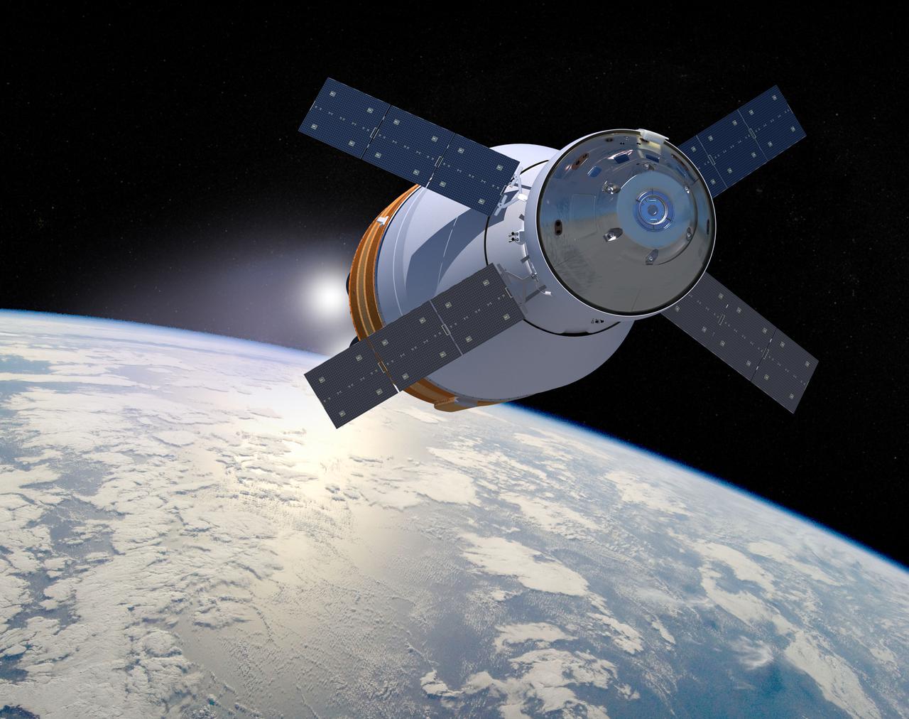 Seen here is an image of the SLS Exploration Upper Stage with the Orion Space craft on its way to a deep space mission. The Exploration Upper Stage will be used on the second configuration of the SLS rocket, known as Block 1B, and will provide in-space propulsion to send astronauts in NASA’s Orion spacecraft and heavy cargo on a precise trajectory to the Moon. The evolution of the rocket to SLS Block 1B configuration with EUS enables SLS to launch 40% more cargo to the Moon along with the crew. Manufacturing both the core stage and Exploration Upper Stage is a collaborative effort between NASA and Boeing, the lead contractor for EUS and the SLS core stage. SLS is the only rocket that can send Orion, astronauts, and supplies to the Moon in a single mission. The SLS rocket, NASA’s Orion spacecraft, Gateway, and human landing system are part of NASA’s backbone for deep space exploration. Under the Artemis program, NASA is working to land the first woman and the next man on the Moon to pave the way for sustainable exploration at the Moon and future missions to Mars. (NASA)