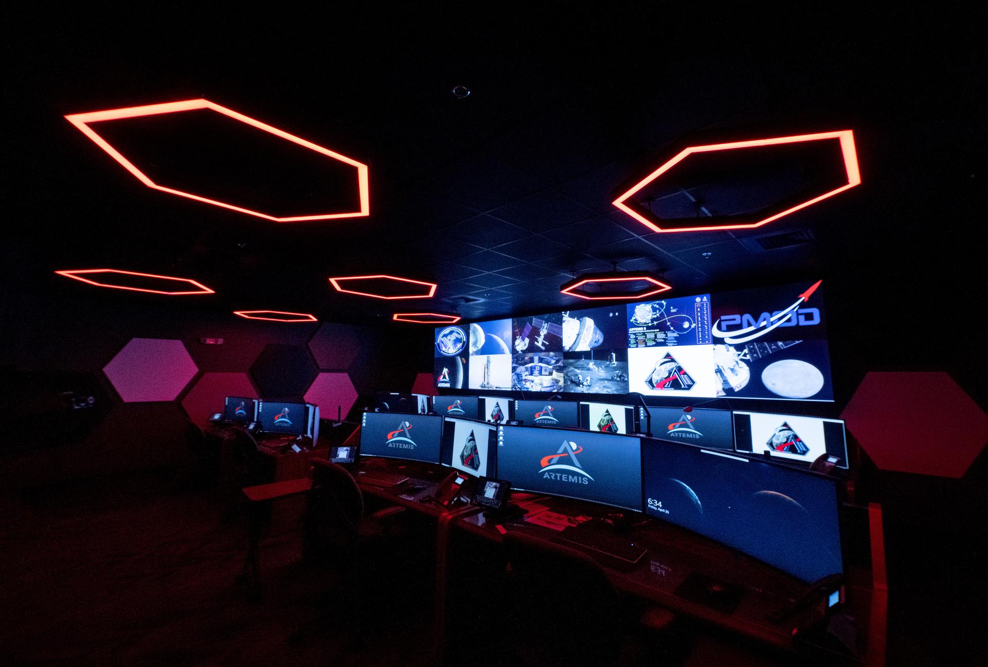 These photos offer a look inside the twin control rooms at NASA’s Marshall Space Flight Center in Huntsville, Alabama, where engineers will monitor Artemis science and future landing operations for Artemis. The LUCA (Lunar Utilization Control Area) and LESA (Lander Engineering Support Area) rooms are part of the Huntsville Operations Support Center at NASA Marshall. The LUCA is specially designed to support a wide variety of science operations on and around the Moon – and beyond. Engineers in the LUCA monitored operations for the Lunar Node-1 experiment, an autonomous navigation payload that was part of the first NASA Commercial Lunar Payload Services (CLPS) launch on Intuitive Machines’ Nova-C lunar lander in 2024. NASA Marshall flight controllers will use the LUCA again for Artemis II to monitor science operations. Beginning with Artemis III, members of the NASA Human Landing System Mission Insight Support Team – a group of engineers, safety leads, flight operations experts, and technical authorities – will work in the LESA. There, they will monitor lander systems in real-time and be involved in key decision-making processes throughout the mission.  For more information, contact NASA Marshall’s Office of Communications at 256-544-0034.