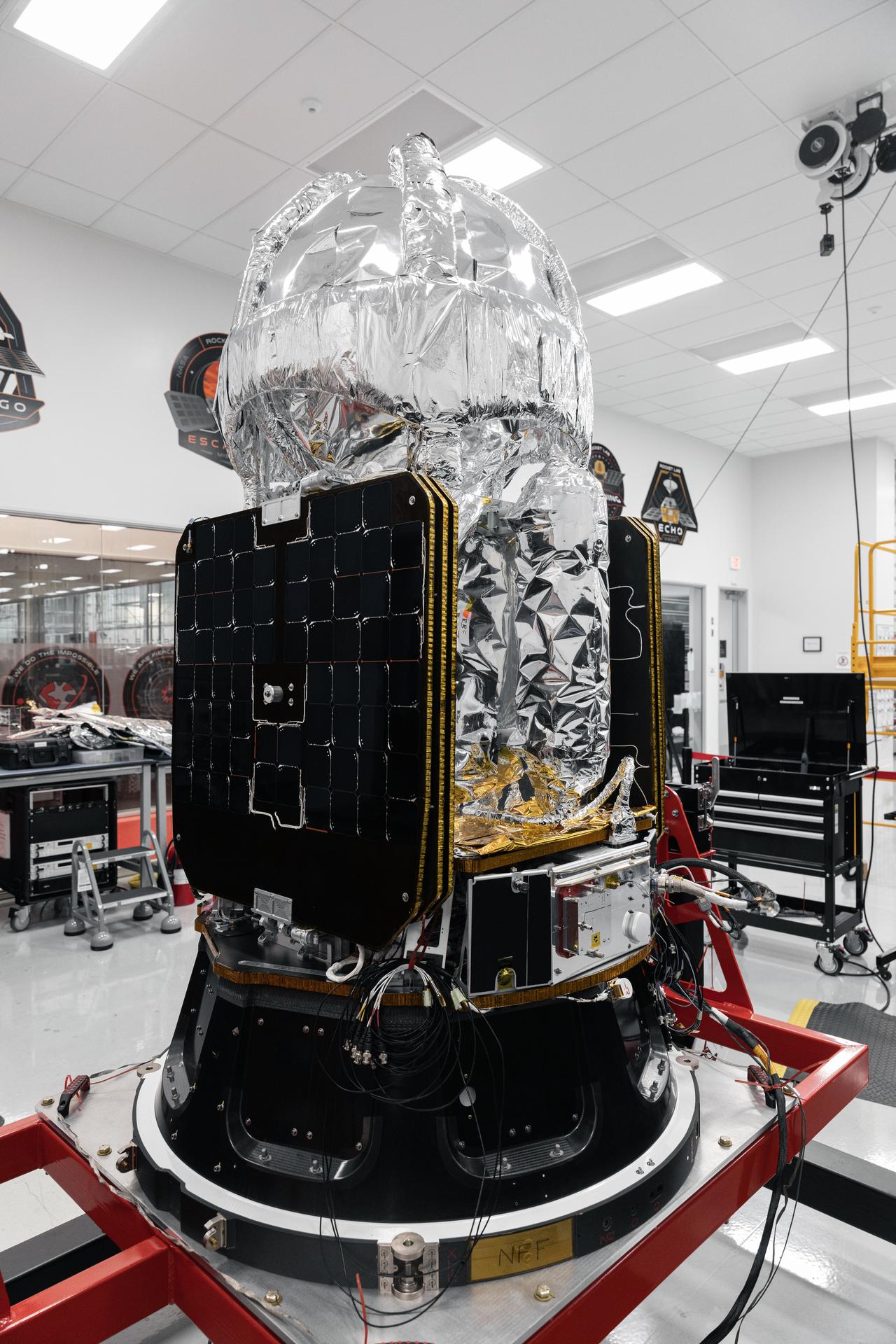 The LOXSAT payload is displayed inside Rocket Lab’s Spacecraft Production Complex on March 6, 2026, in Long Beach, California. Eta Space built LOXSAT as part of a NASA Tipping Point opportunity, and Rocket Lab is providing spacecraft and launch services to deliver it to low Earth orbit.