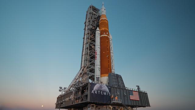 NASA image: Space Launch System (SLS) rocket and Orion Spacecraft rollout at Kennedy Space Center