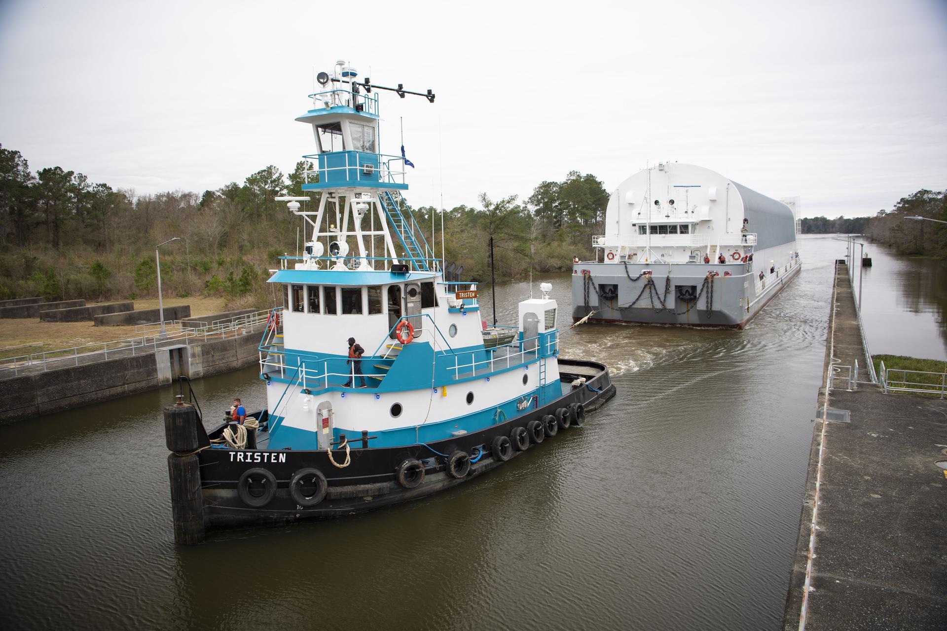 The first flight core stage for NASA’s new Space Launch System rocket arrived at Stennis Space Center on Jan. 12