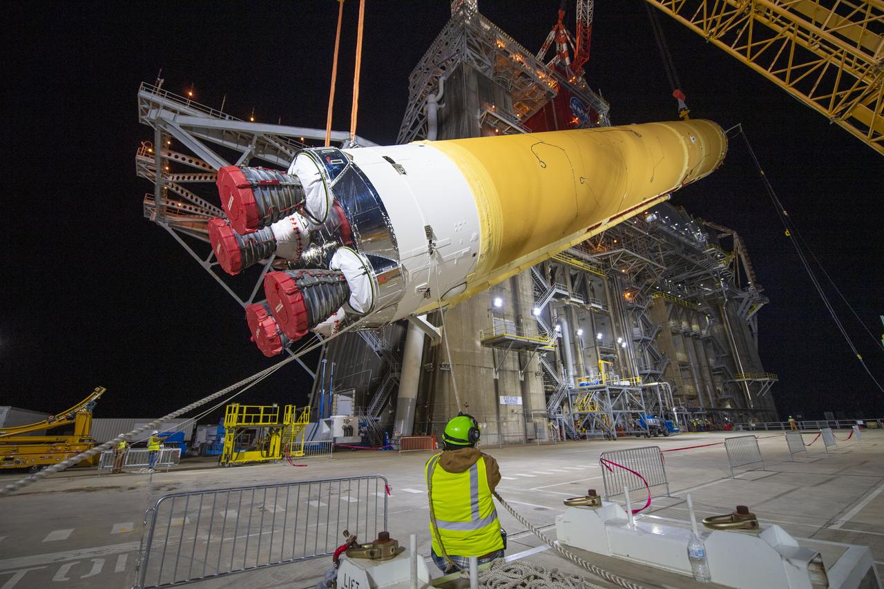 On Jan. 21-22, 2020, crews at Stennis Space Center lifted and installed the first core stage of NASA’s new Space Launch System (SLS) rocket onto the B-2 Test Stand. In upcoming months, a top-to-bottom, integrated series of Green Run tests will be conducted on the stage and its sophisticated systems. Following testing, the stage will be used to help launch the maiden Artemis I test mission of SLS and the Orion spacecraft. Through the Artemis program, NASA will send humans, including the first woman and next man, to the Moon to establish a sustainable presence.