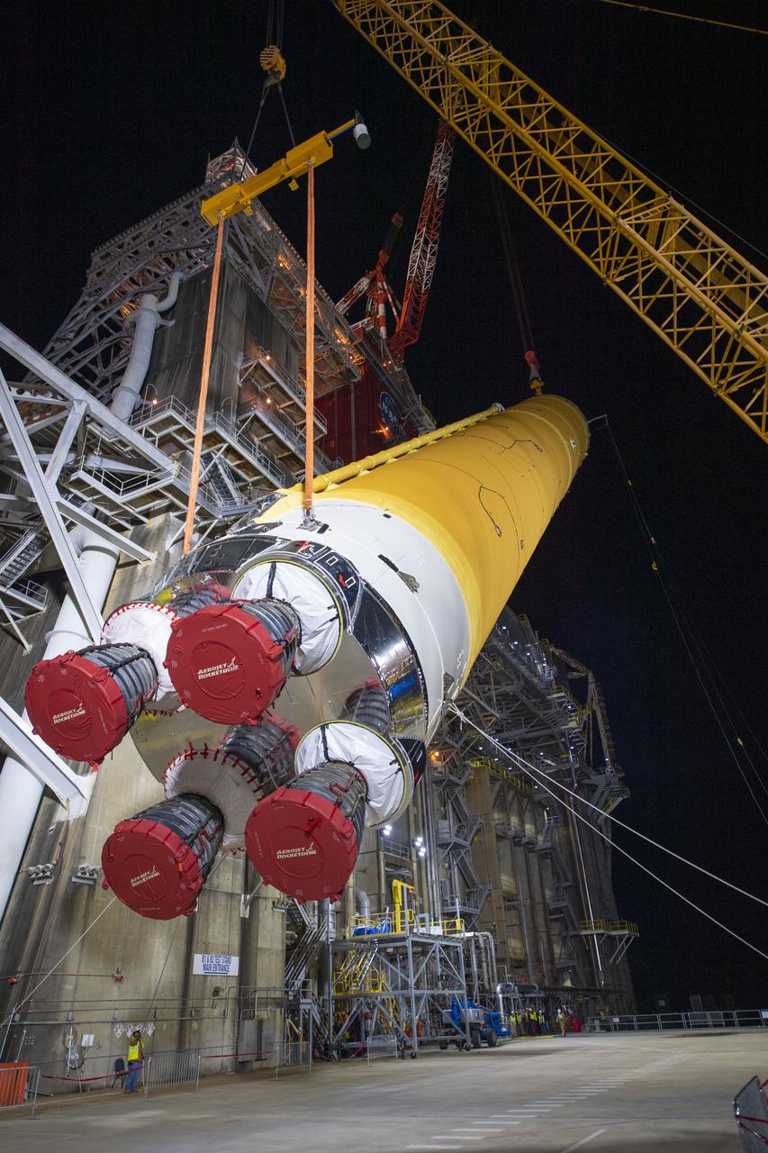 On Jan. 21-22, 2020, crews at Stennis Space Center lifted and installed the first core stage of NASA’s new Space Launch System (SLS) rocket onto the B-2 Test Stand. In upcoming months, a top-to-bottom, integrated series of Green Run tests will be conducted on the stage and its sophisticated systems. Following testing, the stage will be used to help launch the maiden Artemis I test mission of SLS and the Orion spacecraft. Through the Artemis program, NASA will send humans, including the first woman and next man, to the Moon to establish a sustainable presence.