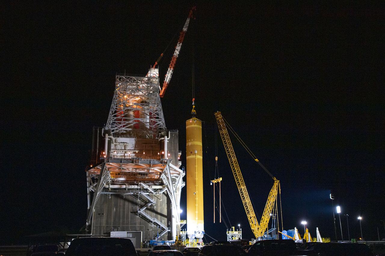 On Jan. 21-22, 2020, crews at Stennis Space Center lifted and installed the first core stage of NASA’s new Space Launch System (SLS) rocket onto the B-2 Test Stand. In upcoming months, a top-to-bottom, integrated series of Green Run tests will be conducted on the stage and its sophisticated systems. Following testing, the stage will be used to help launch the maiden Artemis I test mission of SLS and the Orion spacecraft. Through the Artemis program, NASA will send humans, including the first woman and next man, to the Moon to establish a sustainable presence.