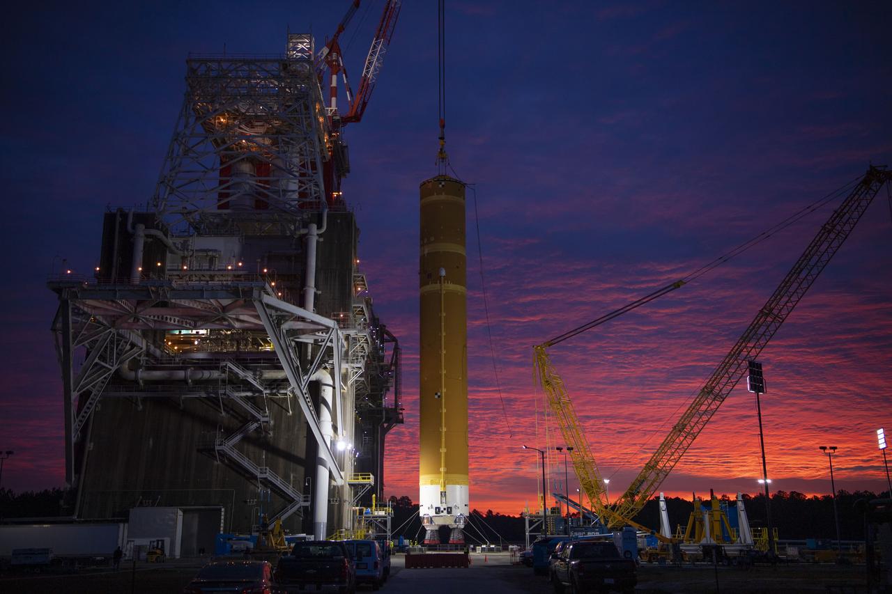 On Jan. 21-22, 2020, crews at Stennis Space Center lifted and installed the first core stage of NASA’s new Space Launch System (SLS) rocket onto the B-2 Test Stand. In upcoming months, a top-to-bottom, integrated series of Green Run tests will be conducted on the stage and its sophisticated systems. Following testing, the stage will be used to help launch the maiden Artemis I test mission of SLS and the Orion spacecraft. Through the Artemis program, NASA will send humans, including the first woman and next man, to the Moon to establish a sustainable presence.