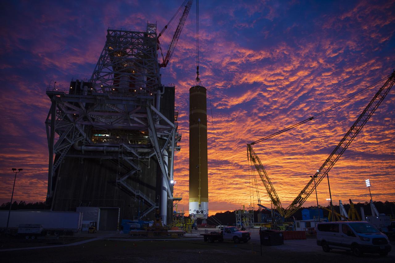 On Jan. 21-22, 2020, crews at Stennis Space Center lifted and installed the first core stage of NASA’s new Space Launch System (SLS) rocket onto the B-2 Test Stand. In upcoming months, a top-to-bottom, integrated series of Green Run tests will be conducted on the stage and its sophisticated systems. Following testing, the stage will be used to help launch the maiden Artemis I test mission of SLS and the Orion spacecraft. Through the Artemis program, NASA will send humans, including the first woman and next man, to the Moon to establish a sustainable presence.