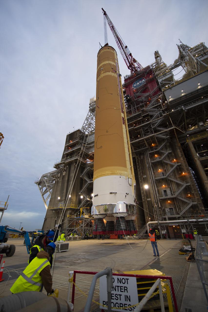 On Jan. 21-22, 2020, crews at Stennis Space Center lifted and installed the first core stage of NASA’s new Space Launch System (SLS) rocket onto the B-2 Test Stand. In upcoming months, a top-to-bottom, integrated series of Green Run tests will be conducted on the stage and its sophisticated systems. Following testing, the stage will be used to help launch the maiden Artemis I test mission of SLS and the Orion spacecraft. Through the Artemis program, NASA will send humans, including the first woman and next man, to the Moon to establish a sustainable presence.