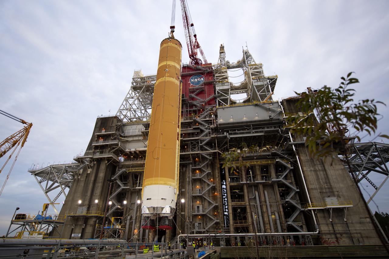 On Jan. 21-22, 2020, crews at Stennis Space Center lifted and installed the first core stage of NASA’s new Space Launch System (SLS) rocket onto the B-2 Test Stand. In upcoming months, a top-to-bottom, integrated series of Green Run tests will be conducted on the stage and its sophisticated systems. Following testing, the stage will be used to help launch the maiden Artemis I test mission of SLS and the Orion spacecraft. Through the Artemis program, NASA will send humans, including the first woman and next man, to the Moon to establish a sustainable presence.
