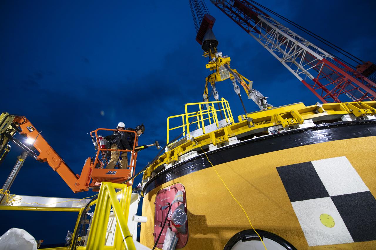 On Jan. 30, 2020, crews at Stennis Space Center successfully conducted modal testing of the first core stage of NASA’s new  Space Launch System (SLS) rocket. Data from the modal test will be used to verify structural vibration modes and verify flight control parameters.  The test is part of a Green Run series of testing that represents the first top-to-bottom integrated testing of the stage’s systems  prior to its maiden Artemis I test mission.