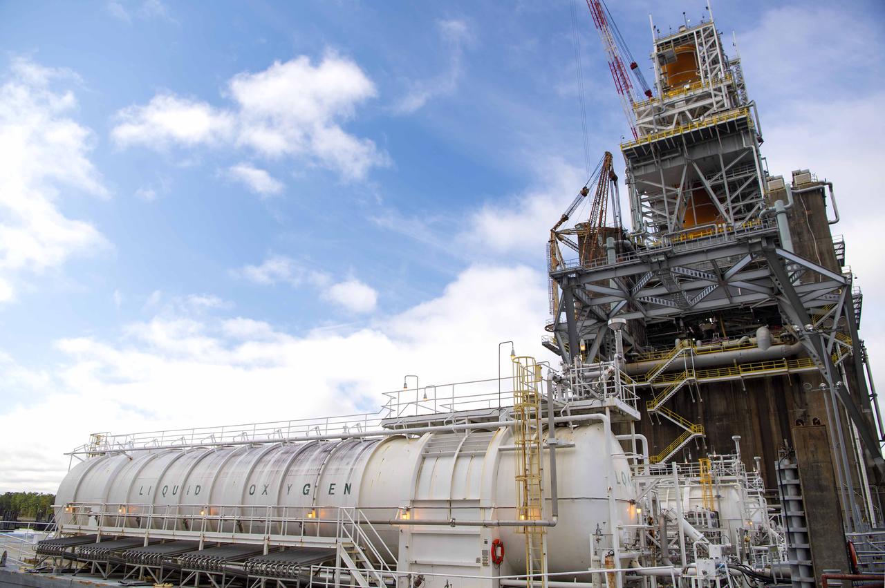 Barges are docked at the B-2 Test Stand at Stennis Space Center near Bay St. Louis, Mississippi, during preparations for a wet dress rehearsal exercise with the core stage of NASA’s Space Launch System rocket. During the wet dress rehearsal, operators will fully load the core stage’s propellant tanks for the first time and countdown just shy of engine ignition. The wet dress rehearsal is the seventh in a series of eight Green Run tests of the core stage’s integrated systems prior to its transport to Kennedy Space Center and launch on the Artemis I mission.