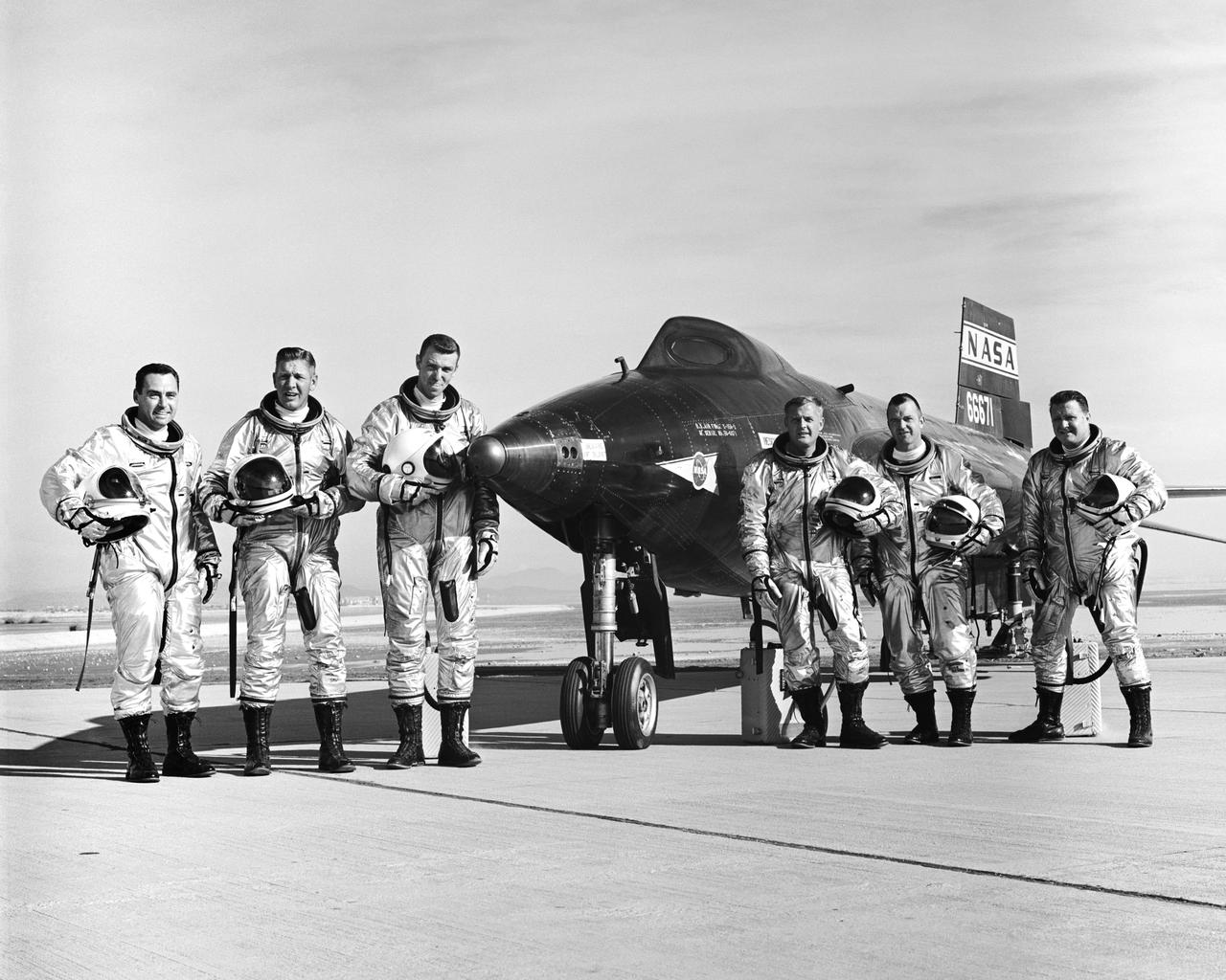 X-15 Pilots, Left to Right: Air Force pilot William J. "Pete" Knight, Air Force Major Robert A. Rushworth, Air Force Captain Joseph H. Engle, NASA pilot Milton O. Thompson, NASA pilot Bill Dana, and NASA pilot John B. "Jack" McKay.