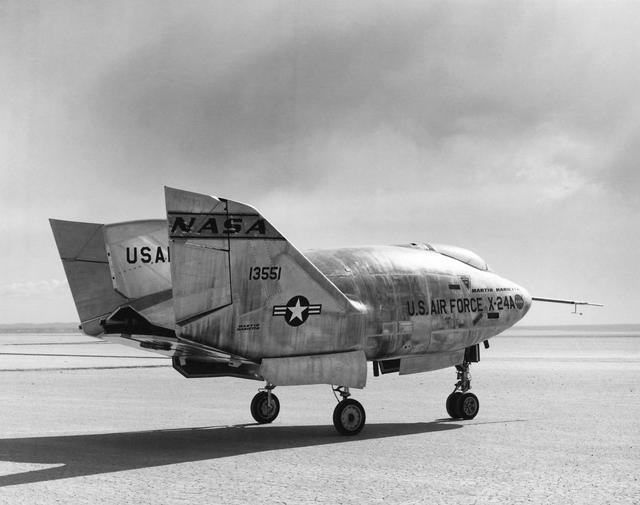 NASA image: X-24A Lifting Body on Lakebed with Control Surfaces in Subsonic, Low-drag Configuration