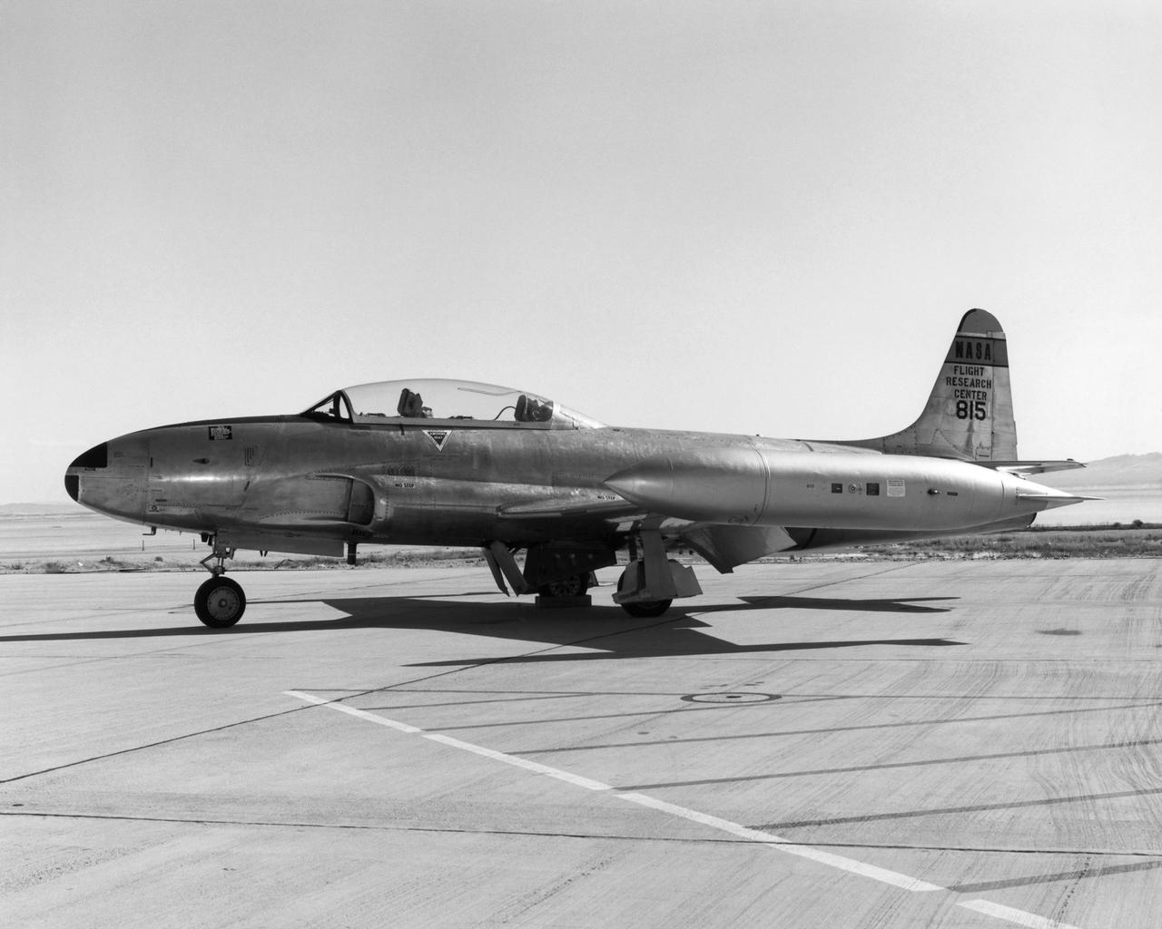 T-33A (55-4351/NASA 815) arrived at NASA FRC January 9, 1963 departed September 10, 1973 to Redding, California. This aircraft, one of four T-33A jet trainers which NASA Dryden used from 1958 to 1973, was used in a monocular vision landing study.