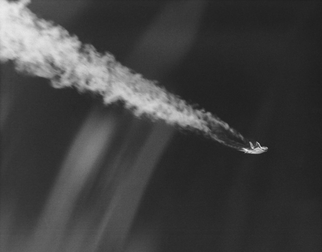 The HL-10 Lifting Body is seen here in powered flight shortly after launch from the B-52 mothership. When HL-10 powered flights began on October 23, 1968, the vehicle used the same basic XLR-11 rocket engine that powered the original X-1s. A total of five powered flights were made before the HL-10 first flew supersonically on May 9, 1969, with John Manke in the pilot's seat.