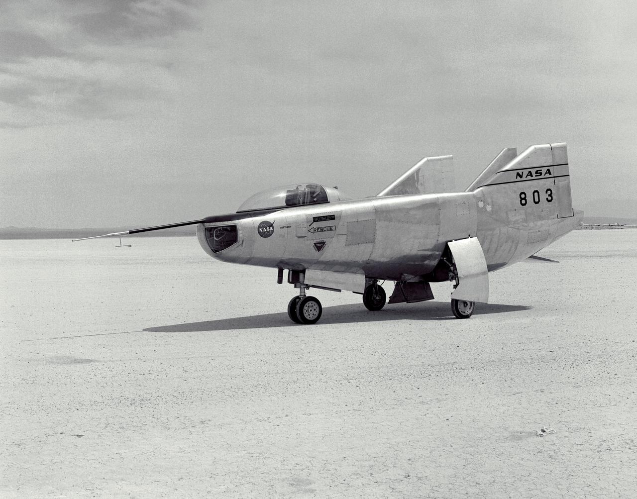 The M2-F3 Lifting Body is seen here on the lakebed at the NASA Flight Research Center (FRC--later the Dryden Flight Research Center), Edwards, California. After a three-year-long redesign and rebuilding effort, the M2-F3 was ready to fly. The May 1967 crash of the M2-F2 had damaged both the external skin and the internal structure of the lifting body. At first, it seemed that the vehicle had been irreparably damaged, but the original manufacturer, Northrop, did the repair work and returned the redesigned M2-F3 with a center fin for stability to the FRC.