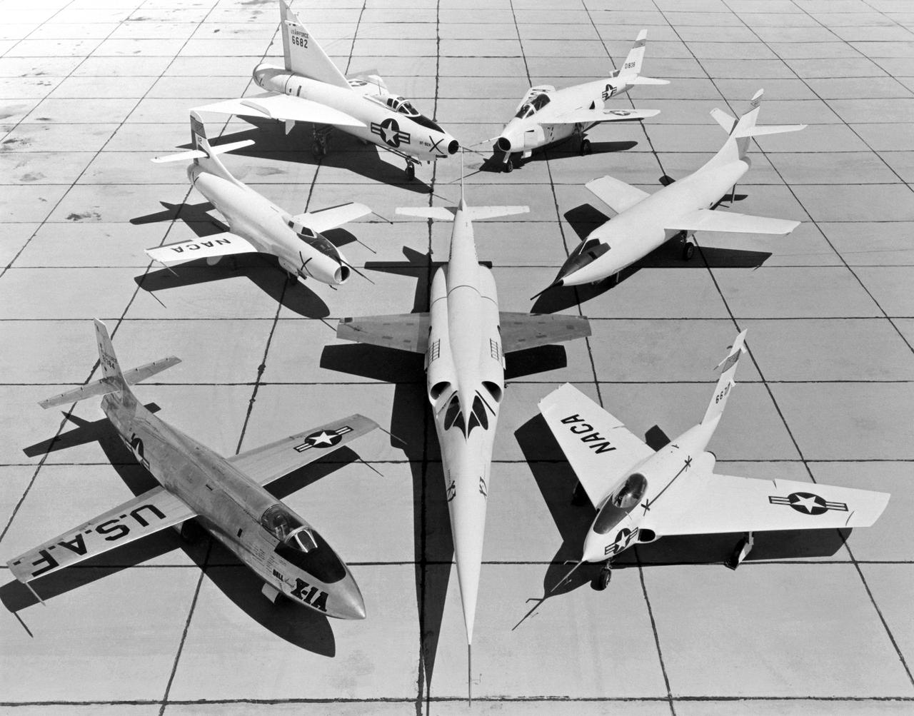 A 1953 photo of some of the research aircraft at the NACA High-Speed Flight Research Station (now known as the the Dryden Flight Research Center). The photo shows the X-3 (center) and, clockwise from left: X-1A (Air Force serial number 48-1384), the third D-558-1 (NACA tail number 142), XF-92A, X-5, D-558-2, and X-4.