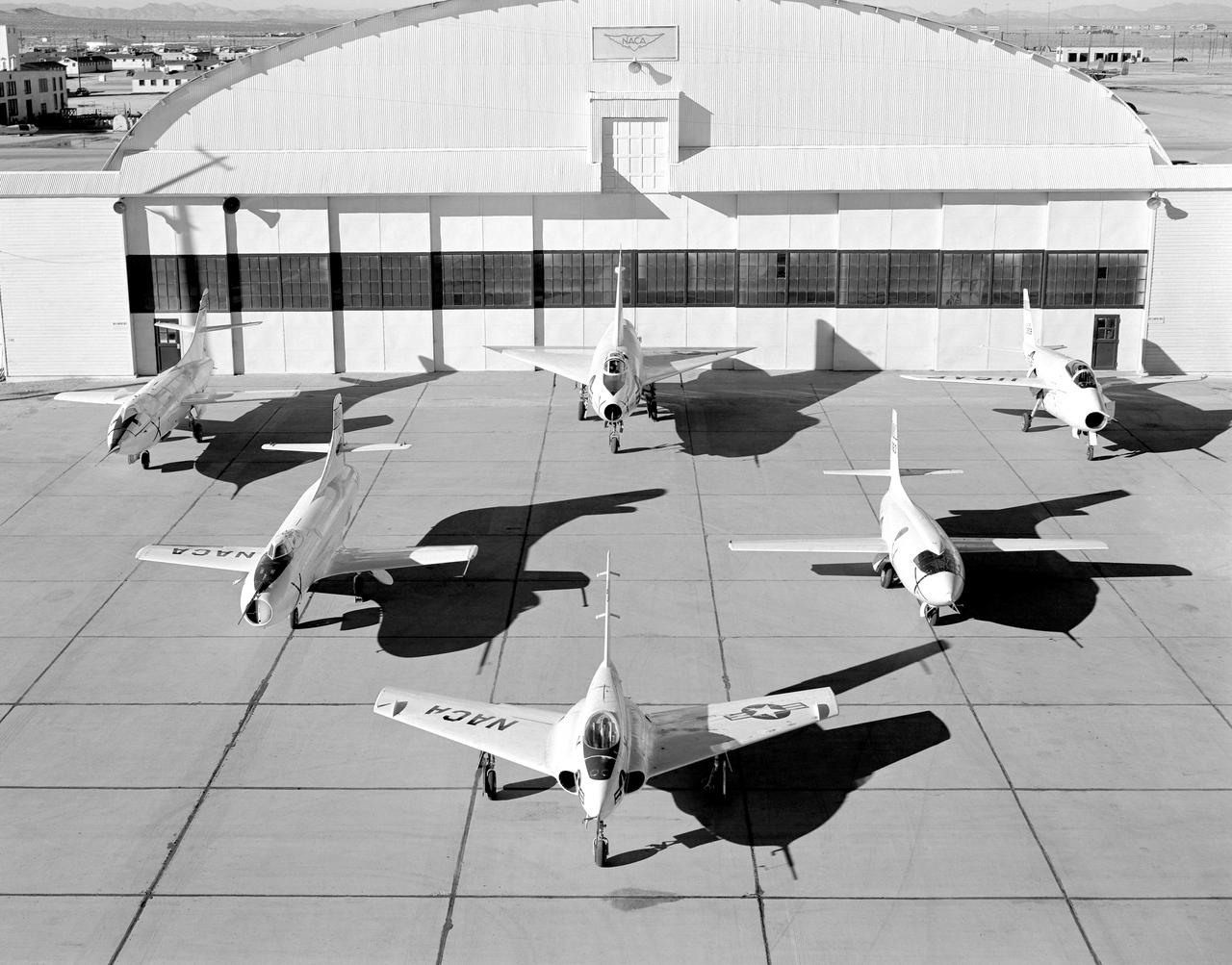 NACA High Speed Flight Station aircraft at South Base. Clockwise from far left: D-558-II, XF-92A, X-5, X-1, X-4, and D-558-I.
