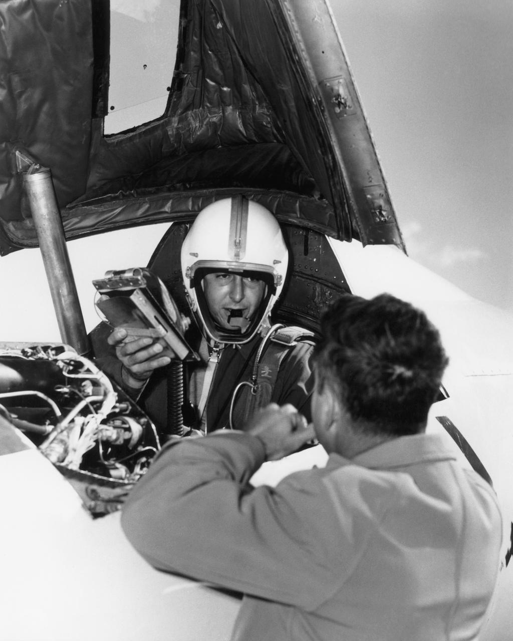 Scott Crossfield in cockpit of the Douglas D-558-2 after first Mach 2 flight.