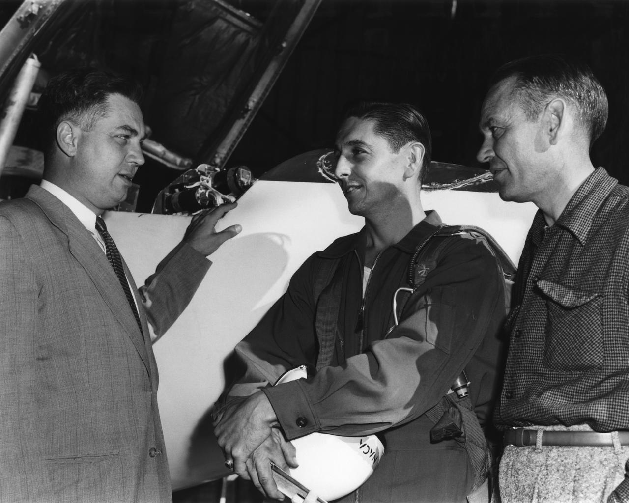 High-Speed Research Station Director Walter C. Williams, NACA pilot A. Scott Crossfield, and Director of Flight Operations Joe Vensel in front of the Douglas D-558-2 after the first Mach 2 flight.