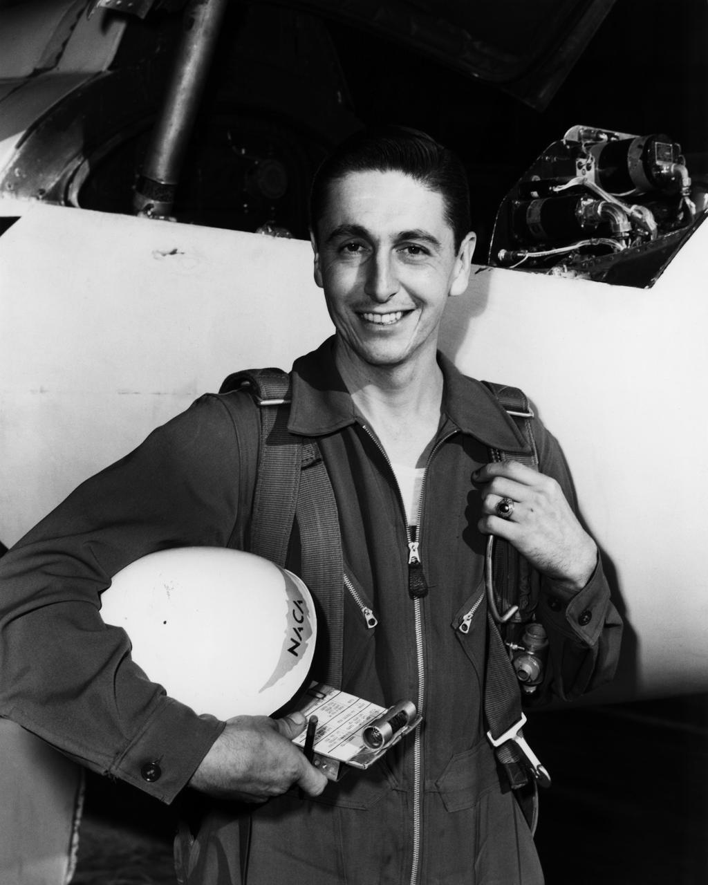 NACA pilot A. Scott Crossfield next to the D-558-2 after first Mach 2 flight.
