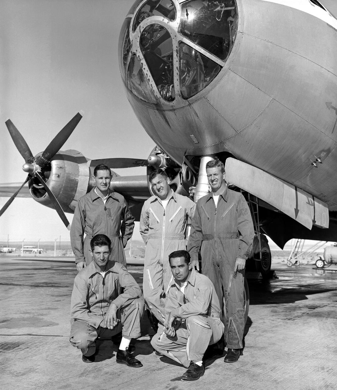 B-29 mothership with pilots - Dick Payne, Stan Butchart, Joe Walker, Charles Littleton, and John Moise