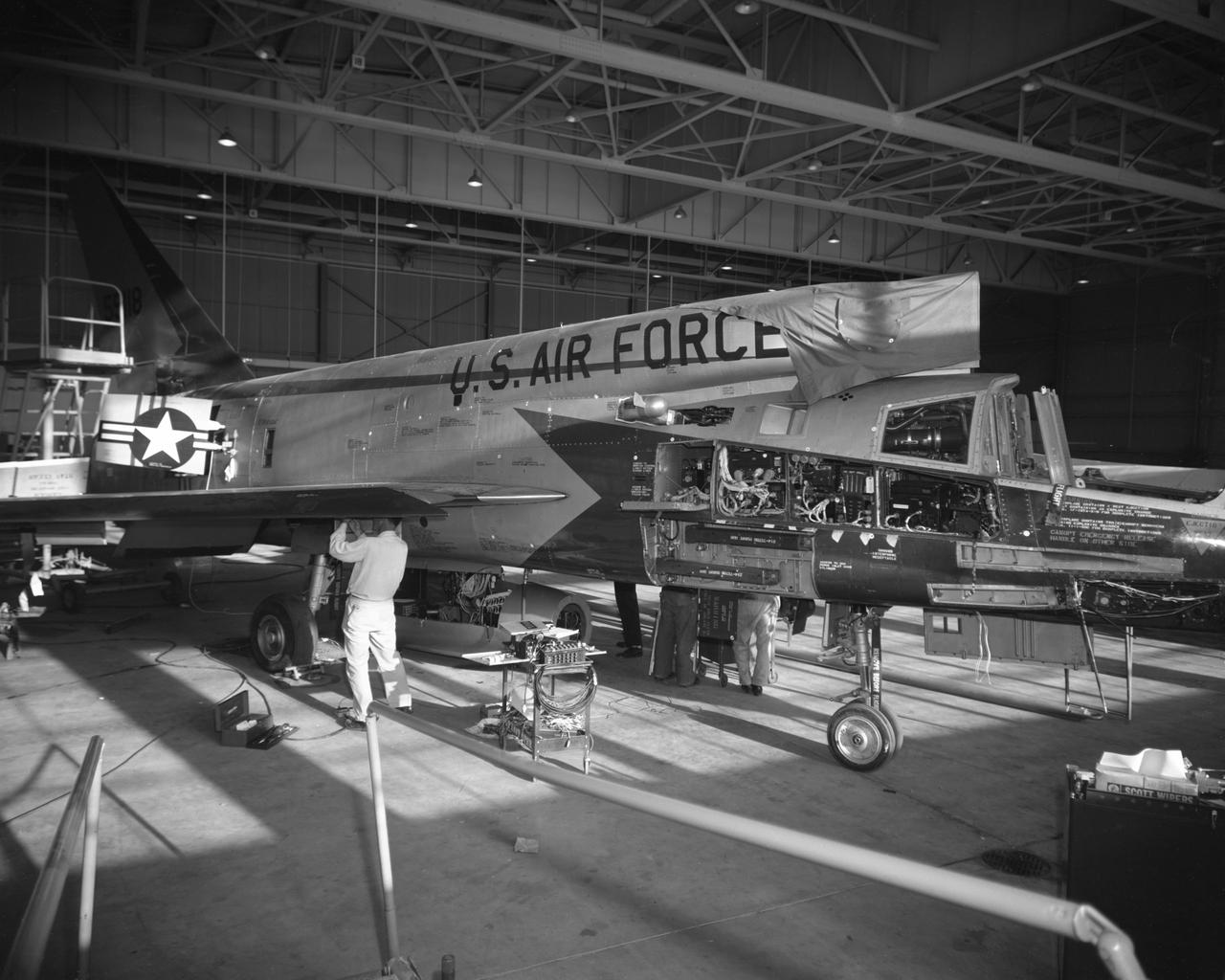 Maintanence on the first F-107A. Apr. 9, 1958