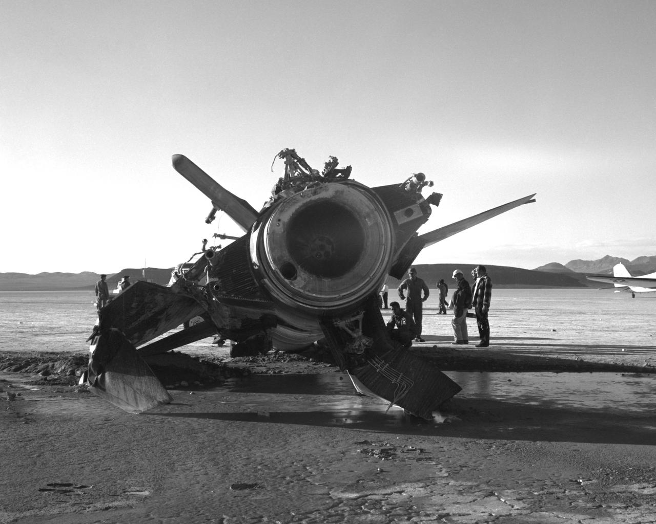 NASA research pilot Jack McKay was injured in a crash landing of the X-15 #2 on November 9, 1962. Following the launch from the B-52 to begin flight 2-31-52, he started the X-15's rocket engine, only to discover that it produced just 30 percent of its maximum thrust. He had to make a high-speed emergency landing on Mud Lake, NV, without flaps but with a significant amount of fuel still in the aircraft. As the X-15 slid across the lakebed, the left skid collapsed; the aircraft turned sideways and flipped onto its back. McKay suffered back injuries but was eventually able to resume X-15 pilot duties, making 22 more flights. The X-15 was sent back to North American Aviation and rebuilt into the X-15A-2.
