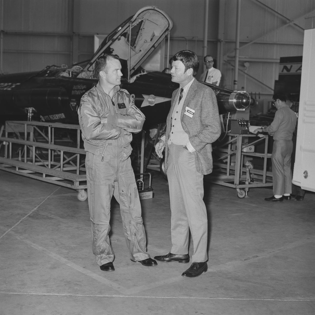 The 1960s Star Trek television series’ cast member Chief Medical Officer Leonard ‘Bones’ McCoy played by DeForest Kelley talks to Bill Dana, NASA X-15 pilot, in front of one of three X-15’s during visit to NASA Dryden Flight Research Center, now Armstrong, back in 1967.