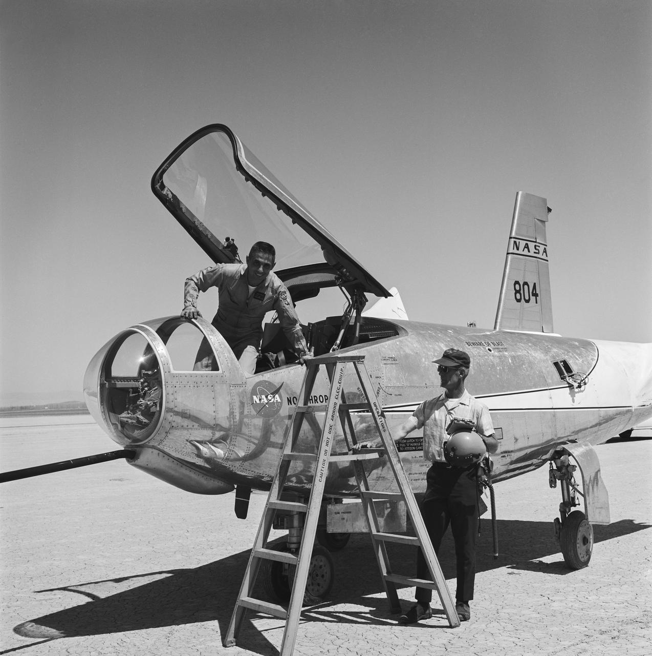 Armstrong research pilot (and future center director) John Manke emerges from the HL-10, NASA Langley’s 10th horizontal lander (lifting body).