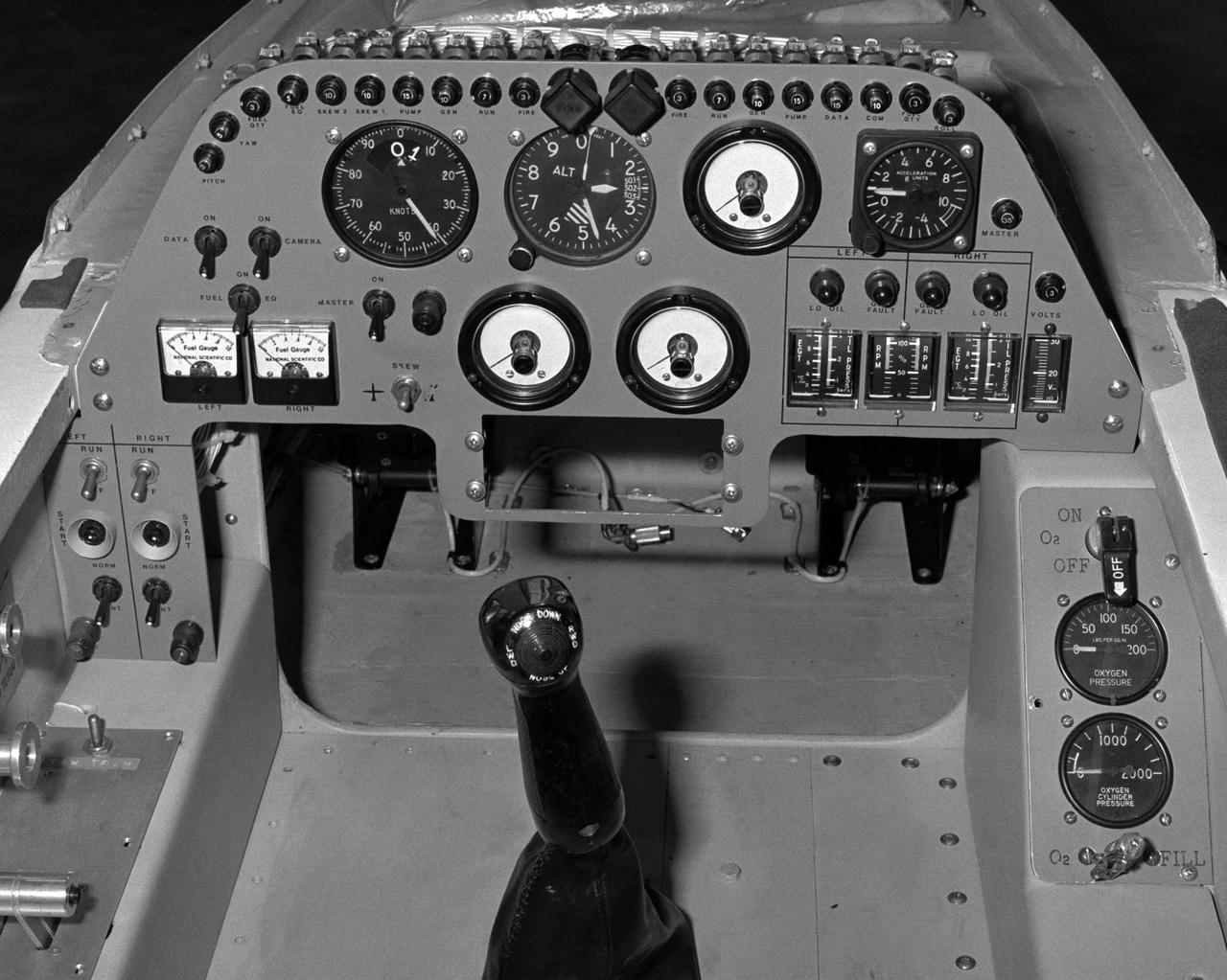 The cockpit and instrument panel of the AD-1 aircraft. Due to the small size of the AD-1, instrumentation was limited and the cockpit was cramped.