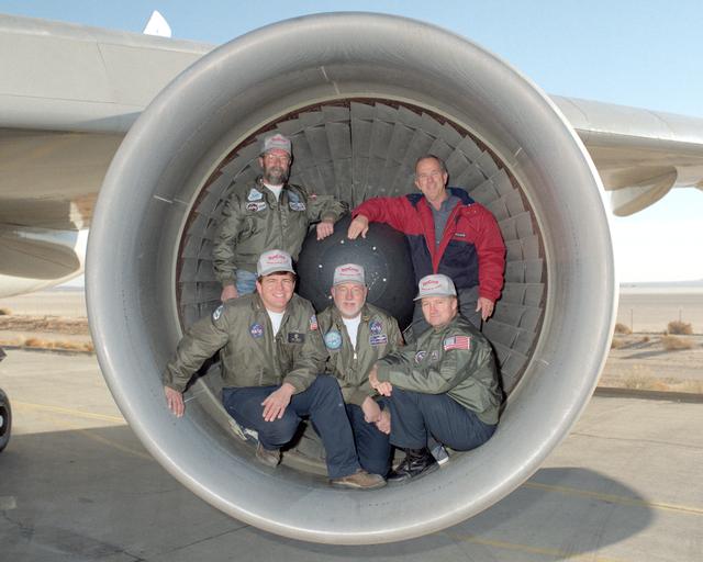 NASA image: The NASA Dryden 747 Shuttle Carrier Aircraft crew poses in an engine inlet