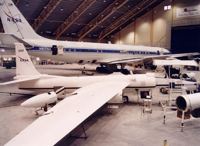 NASA image: ER-2 #809 and DC-8 in Arena Arctica hangar in Kiruna, Sweden prior to the SAGE III Ozone Loss and Validation Experiment (SOLVE) 