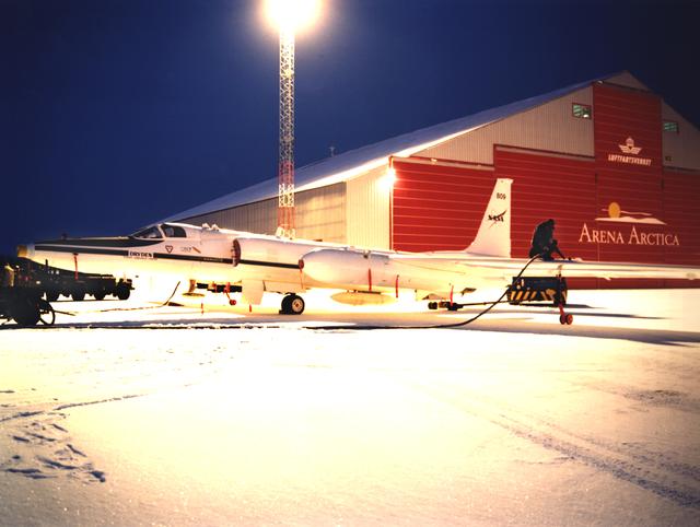 NASA image: ER-2 #809 receives preflight fueling outside Arena Arctica hangar in Kiruna, Sweden prior to the SAGE III Ozone Loss and Validation Experiment (SOLVE) 