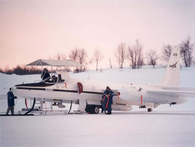 NASA image: ER-2 #809 in Kiruna, Sweden for the SAGE III Ozone Loss and Validation Experiment (SOLVE) with pilot Dee Porter entry for first flight