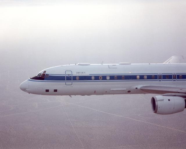 NASA image: DC-8 returning from AFWEX deployment showing AeroSAPIENT Ku-band receive antenna (fwd zenith port)