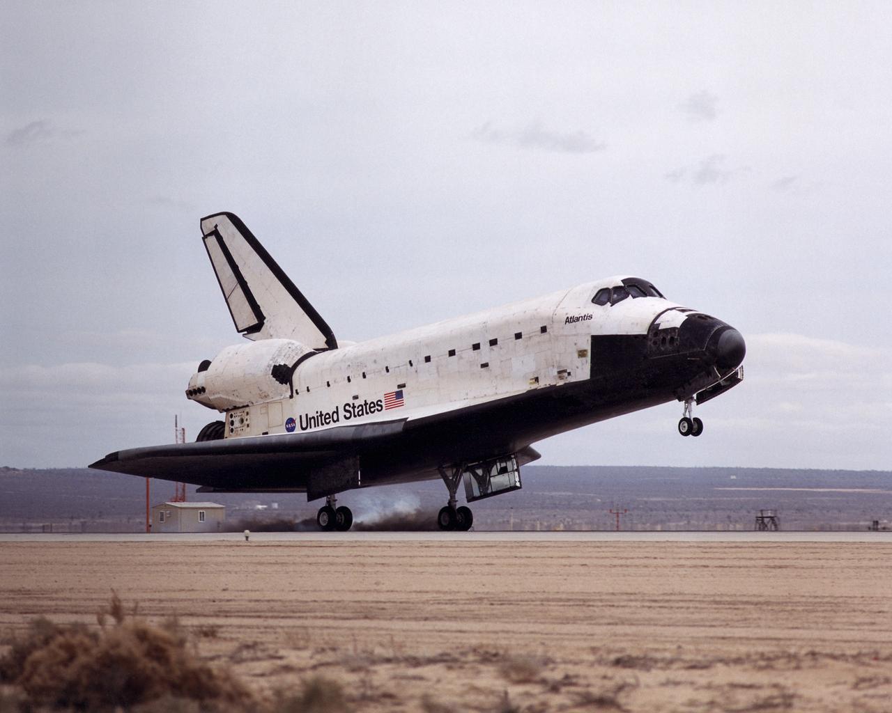 Space Shuttle Atlantis landed at 12:33 p.m. February 20, 2001, on the runway at Edwards Air Force Base, California, where NASA's Dryden Flight Research Center is located. The mission, which began February 7, logged 5.3 million miles as the shuttle orbited earth while delivering the Destiny science laboratory to the International Space Station. Inclement weather conditions in Florida prompted the decision to land Atlantis at Edwards. The last time a space shuttle landed at Edwards was Oct. 24, 2000.