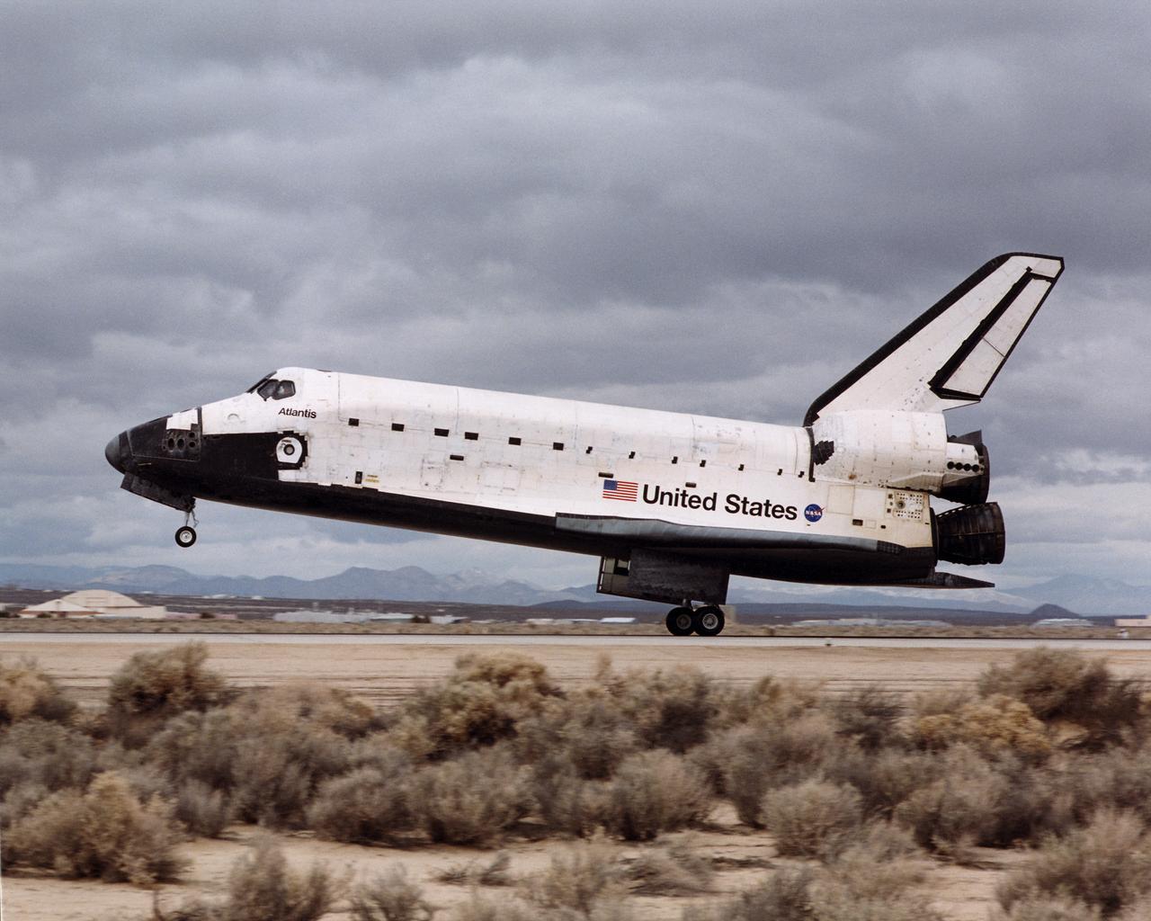 Space Shuttle Atlantis landed at 12:33 p.m. February 20, 2001, on the runway at Edwards Air Force Base, California, where NASA's Dryden Flight Research Center is located. The mission, which began February 7, logged 5.3 million miles as the shuttle orbited earth while delivering the Destiny science laboratory to the International Space Station. Inclement weather conditions in Florida prompted the decision to land Atlantis at Edwards. The last time a space shuttle landed at Edwards was Oct. 24, 2000.