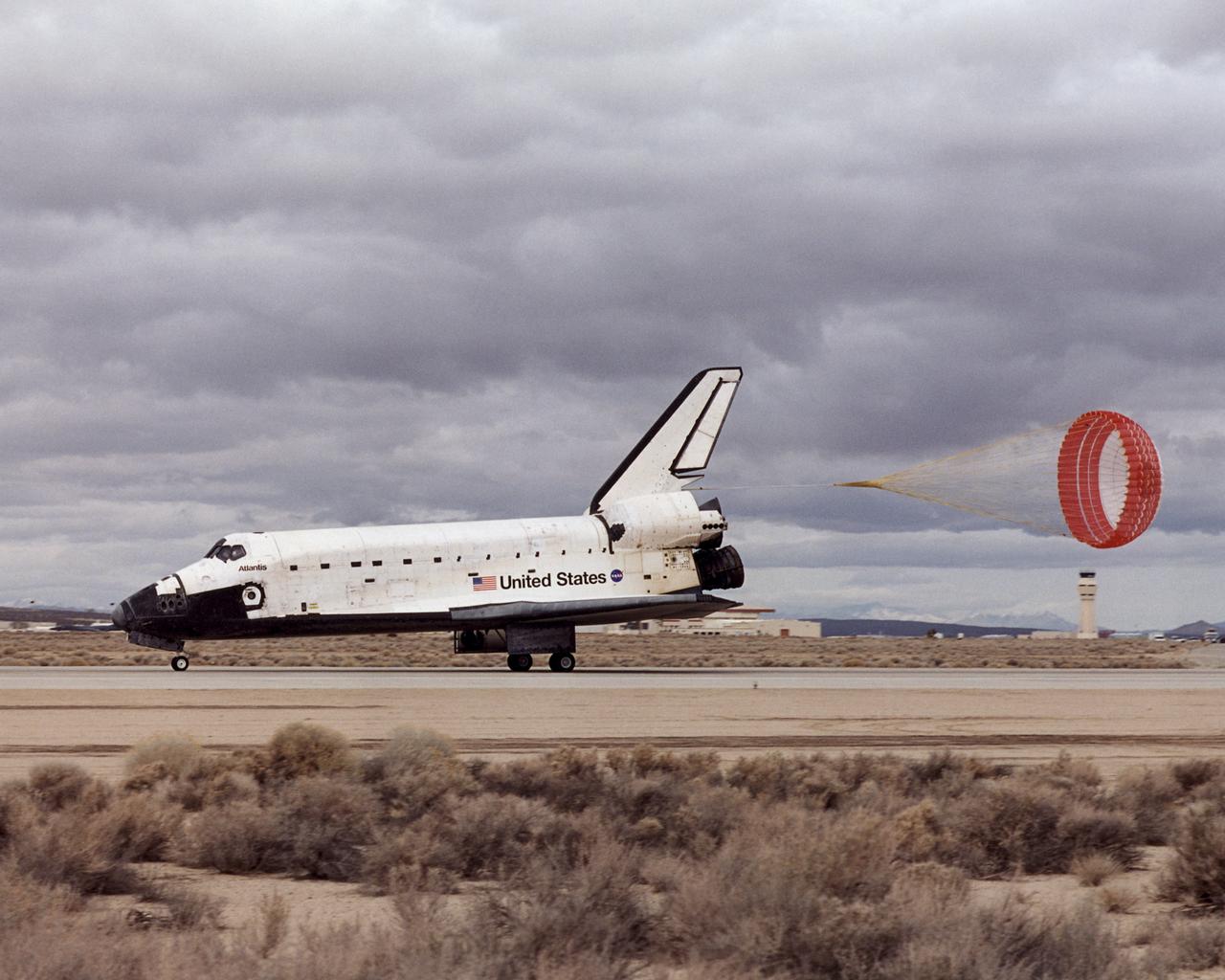 Space Shuttle Atlantis landed at 12:33 p.m. February 20, 2001, on the runway at Edwards Air Force Base, California, where NASA's Dryden Flight Research Center is located. The mission, which began February 7, logged 5.3 million miles as the shuttle orbited earth while delivering the Destiny science laboratory to the International Space Station. Inclement weather conditions in Florida prompted the decision to land Atlantis at Edwards. The last time a space shuttle landed at Edwards was Oct. 24, 2000.