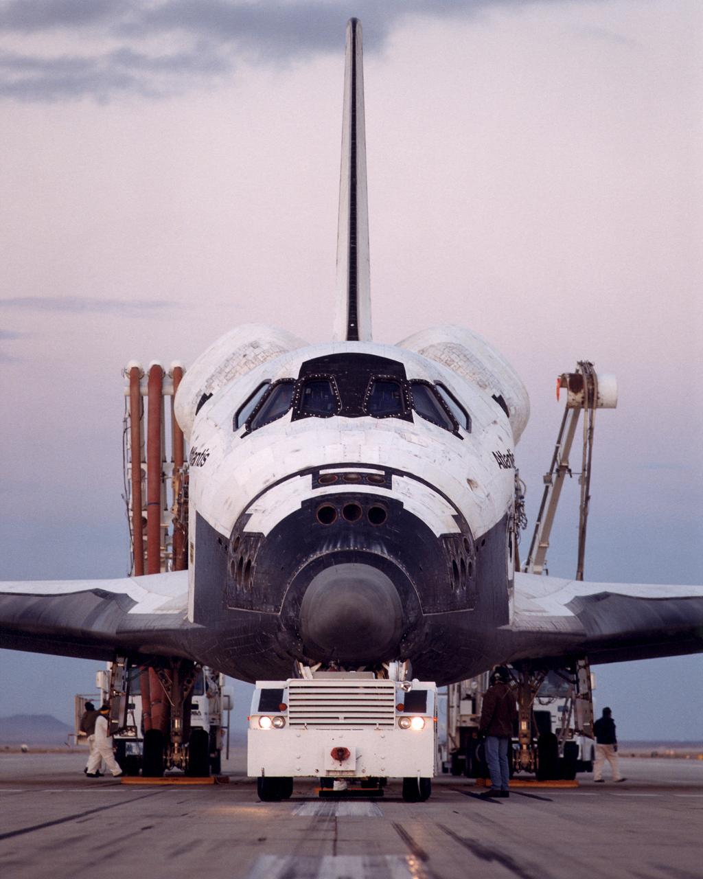 Space Shuttle Atlantis landed at 12:33 p.m. February 20, 2001, on the runway at Edwards Air Force Base, California, where NASA's Dryden Flight Research Center is located. The mission, which began February 7, logged 5.3 million miles as the shuttle orbited earth while delivering the Destiny science laboratory to the International Space Station. Inclement weather conditions in Florida prompted the decision to land Atlantis at Edwards. The last time a space shuttle landed at Edwards was Oct. 24, 2000.