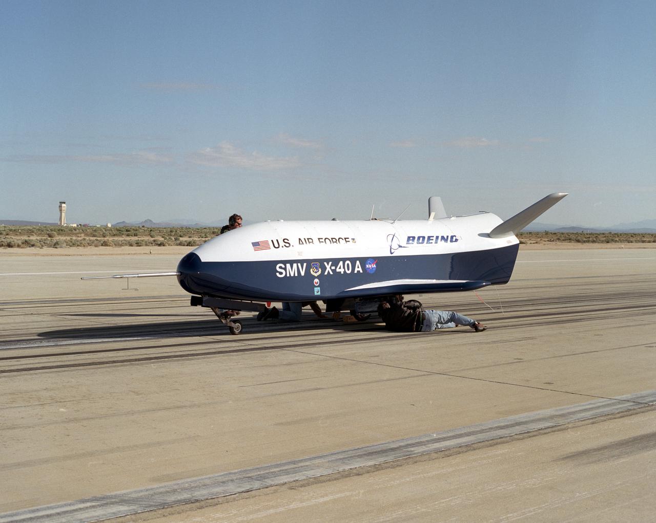 Second free-flight of the X-40A at the NASA Dryden Flight Research Center, on Edwards AFB, Calif., was made on Apr. 12, 2001. The unpowered X-40A, an 85 percent scale risk reduction version of the proposed X-37, is proving the capability of an autonomous flight control and landing system in a series of glide flights at Edwards. The April 12 flight introduced complex vehicle maneuvers during the landing sequence. The X-40A was released from an Army Chinook helicopter flying 15,050 feet overhead. Ultimately, the unpiloted X-37 is intended as an orbital testbed and technology demonstrator, capable of landing like an airplane and being quickly serviced for a follow-up mission.