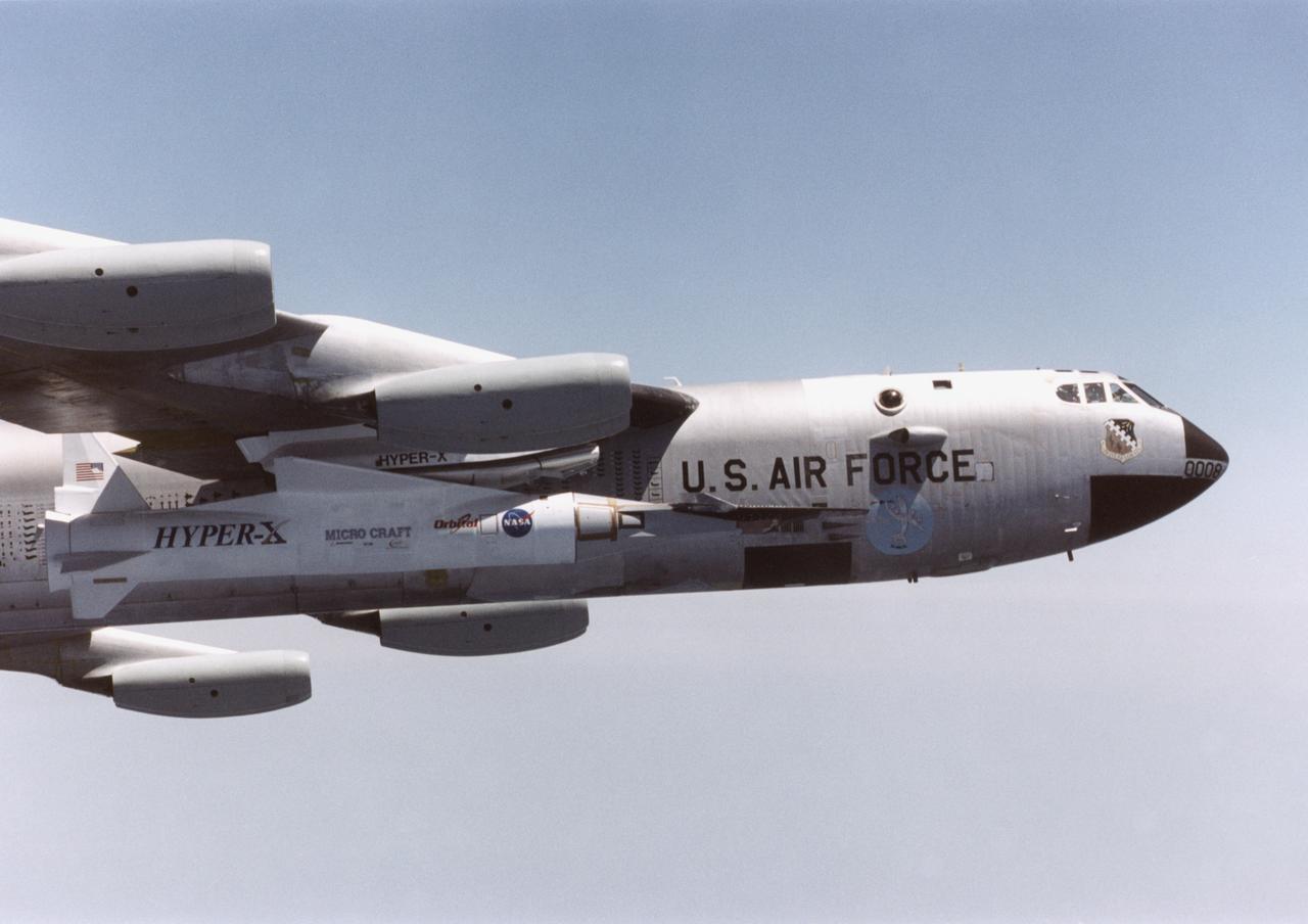 The NASA X-43A hypersonic research vehicle and its Pegasus booster rocket, mounted beneath the wing of their B-52 mothership, had a successful first captive-carry flight on April 28, 2001, Basically a dress rehearsal for a subsequent free flight, the captive-carry flight kept the X-43A-and-Pegasus combination attached to the B-52's wing pylon throughout the almost two-hour mission from NASA's Dryden Flight Research Center, Edwards, Calif., over the Pacific Missile Test Range, and back to Dryden.