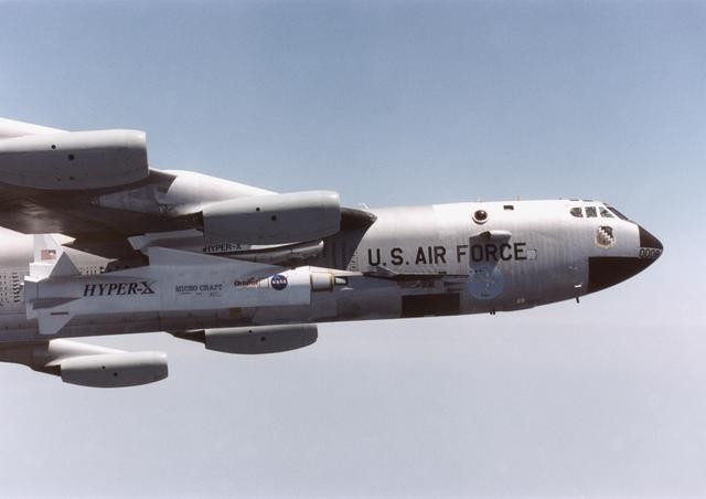 NASA image: Close view of B-52/Pegasus with X-43A in flight