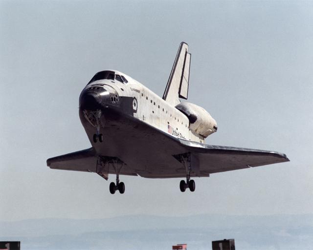 A long telephoto lens captured Space Shuttle Endeavour landing at Edwards Air Force Base, California, on May 1, 2001