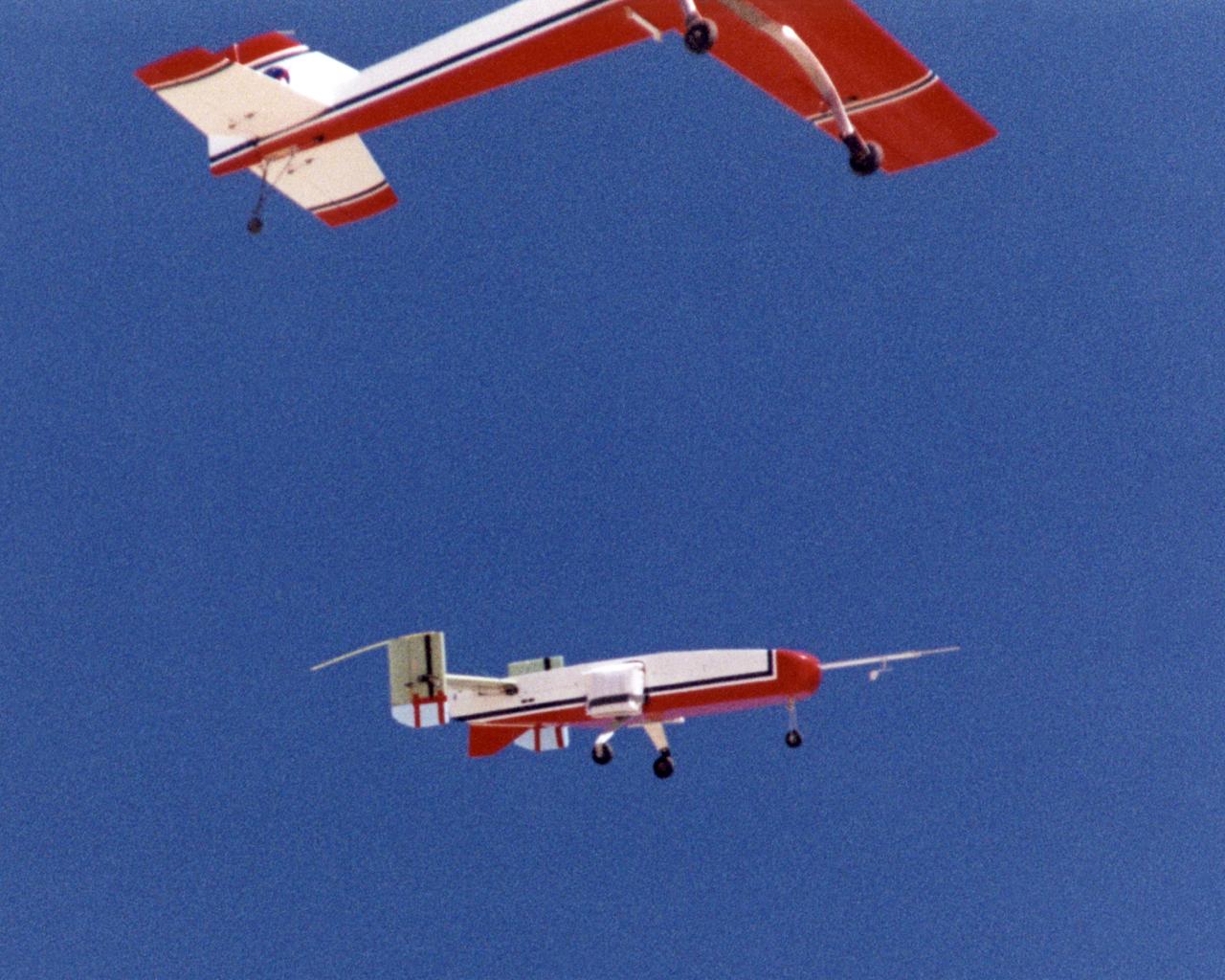 The deployable, inflatable wing technology demonstrator experiment separates from its carrier aircraft during a flight conducted by the NASA Dryden Flight Research Center, Edwards, California. The inflatable wing project represented a basic flight research effort by Dryden personnel. Three successful flights of the I2000 inflatable wing aircraft occurred. During the flights, the team air-launched the radio-controlled (R/C) I2000 from an R/C utility airplane at an altitude of 800-1000 feet.  As the I2000 separated from the carrier aircraft, its inflatable wings "popped-out," deploying rapidly via an on-board nitrogen bottle. The aircraft remained stable as it transitioned from wingless to winged flight. The unpowered I2000 glided down to a smooth landing under complete control.